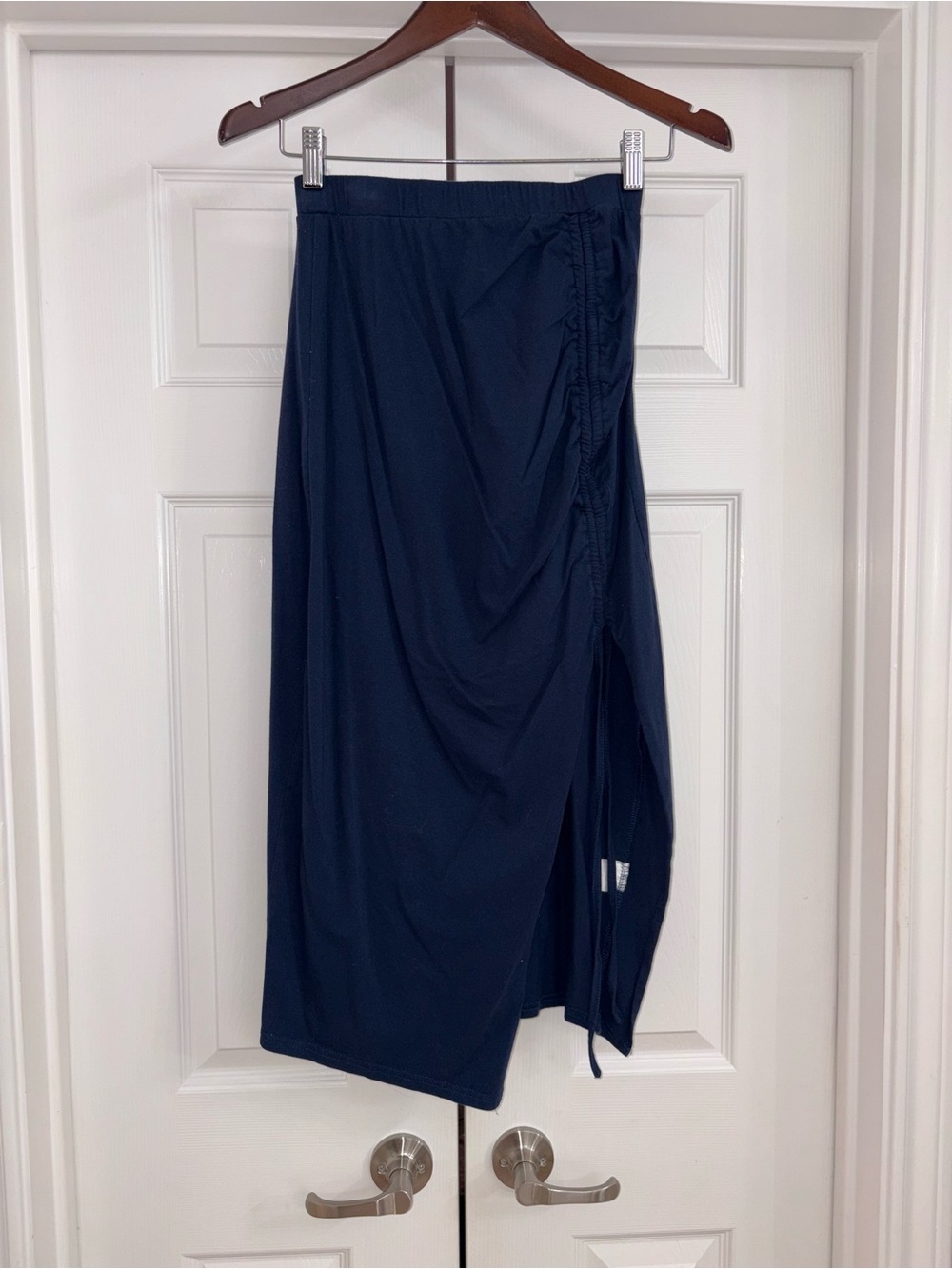Navy Women's Midi Skirt with Side Ruched Detail